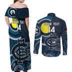 Custom AFL Carlton NAIDOC Week Couples Matching Off Shoulder Maxi Dress and Long Sleeve Button Shirt Keep The Fire Burning Indigenous Art