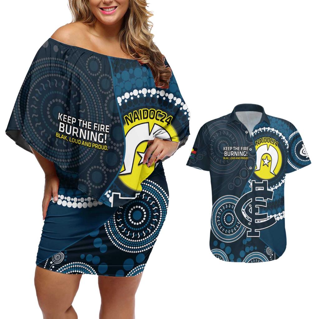 Custom AFL Carlton NAIDOC Week Couples Matching Off Shoulder Short Dress and Hawaiian Shirt Keep The Fire Burning Indigenous Art