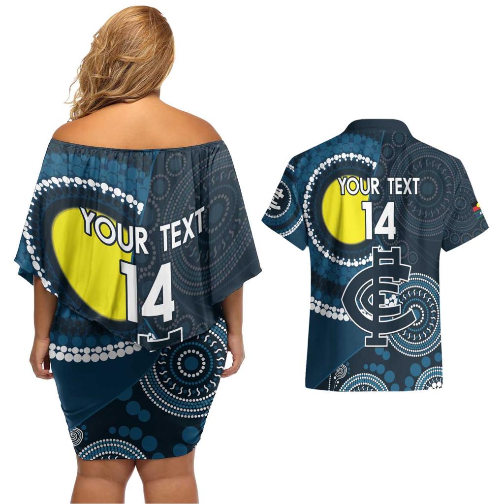 Custom AFL Carlton NAIDOC Week Couples Matching Off Shoulder Short Dress and Hawaiian Shirt Keep The Fire Burning Indigenous Art