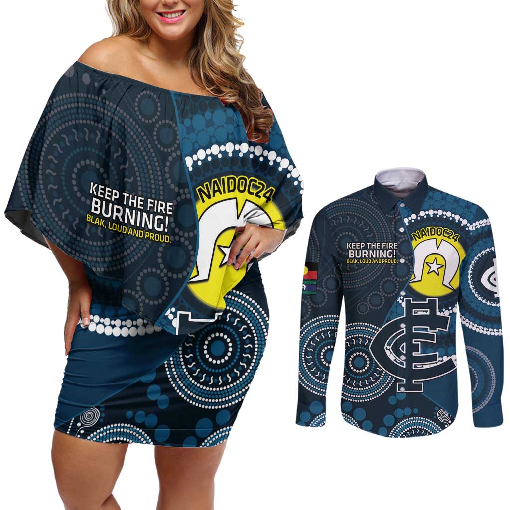 Custom AFL Carlton NAIDOC Week Couples Matching Off Shoulder Short Dress and Long Sleeve Button Shirt Keep The Fire Burning Indigenous Art