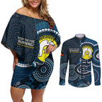 Custom AFL Carlton NAIDOC Week Couples Matching Off Shoulder Short Dress and Long Sleeve Button Shirt Keep The Fire Burning Indigenous Art
