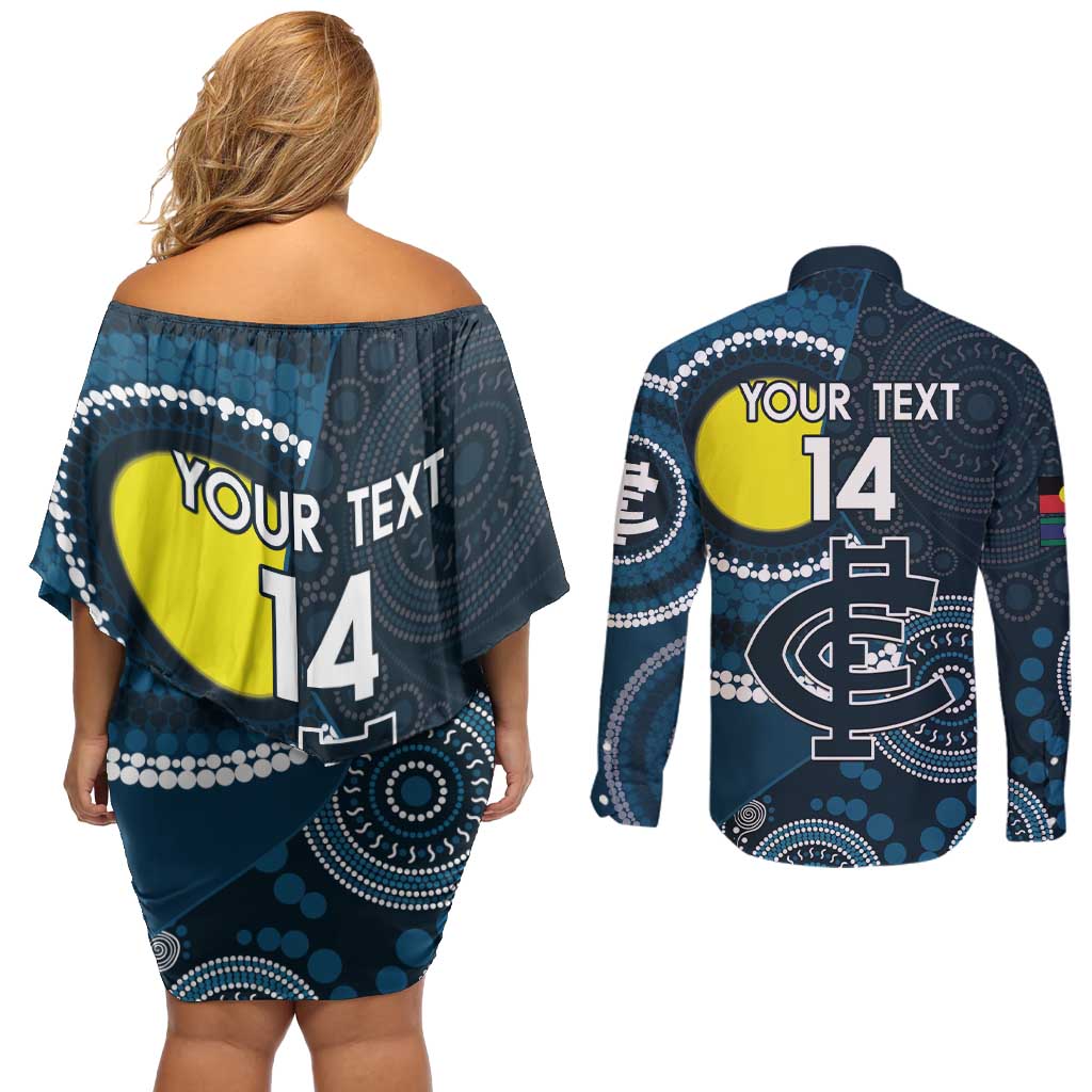 Custom AFL Carlton NAIDOC Week Couples Matching Off Shoulder Short Dress and Long Sleeve Button Shirt Keep The Fire Burning Indigenous Art