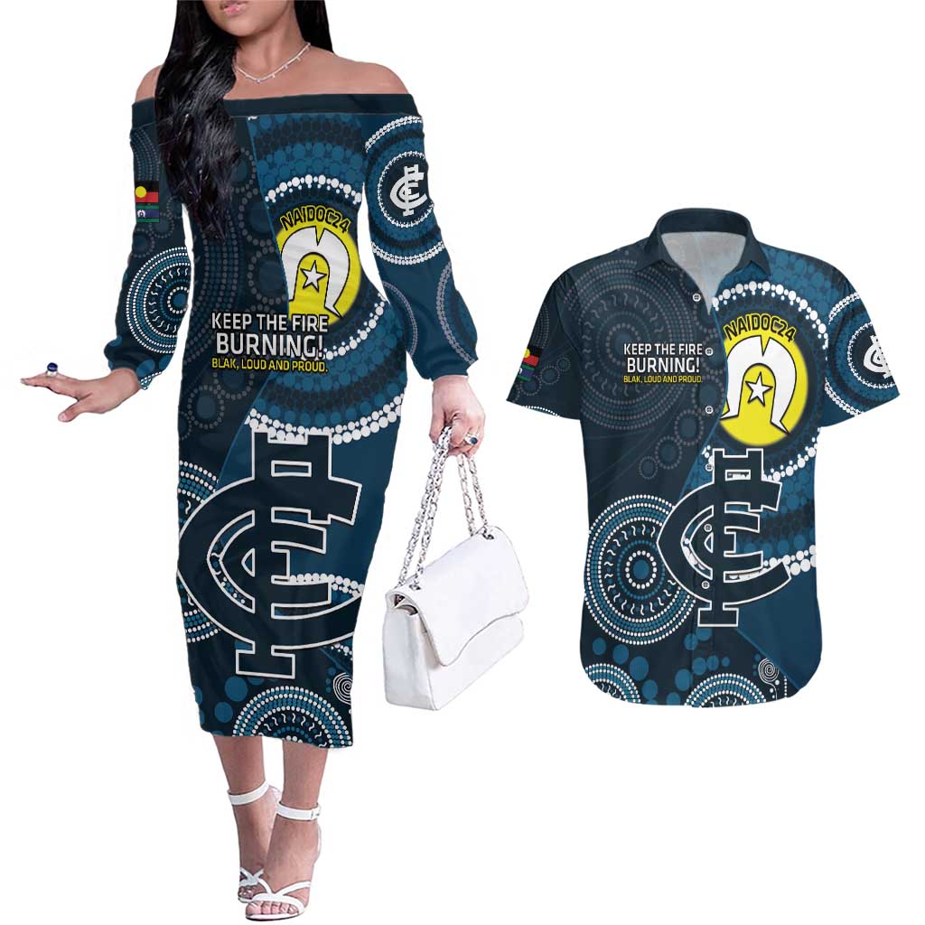 Custom AFL Carlton NAIDOC Week Couples Matching Off The Shoulder Long Sleeve Dress and Hawaiian Shirt Keep The Fire Burning Indigenous Art