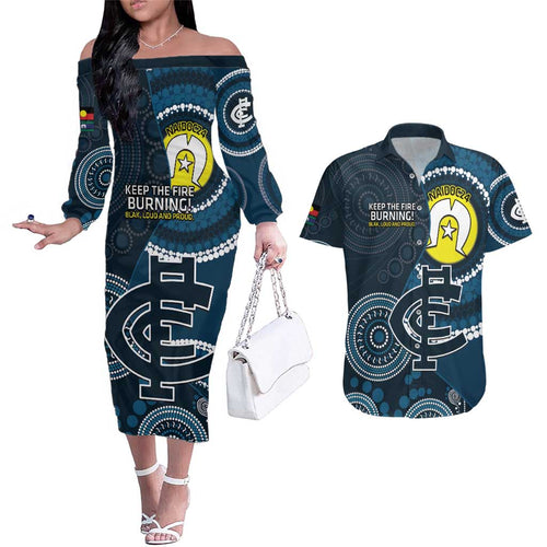Custom AFL Carlton NAIDOC Week Couples Matching Off The Shoulder Long Sleeve Dress and Hawaiian Shirt Keep The Fire Burning Indigenous Art