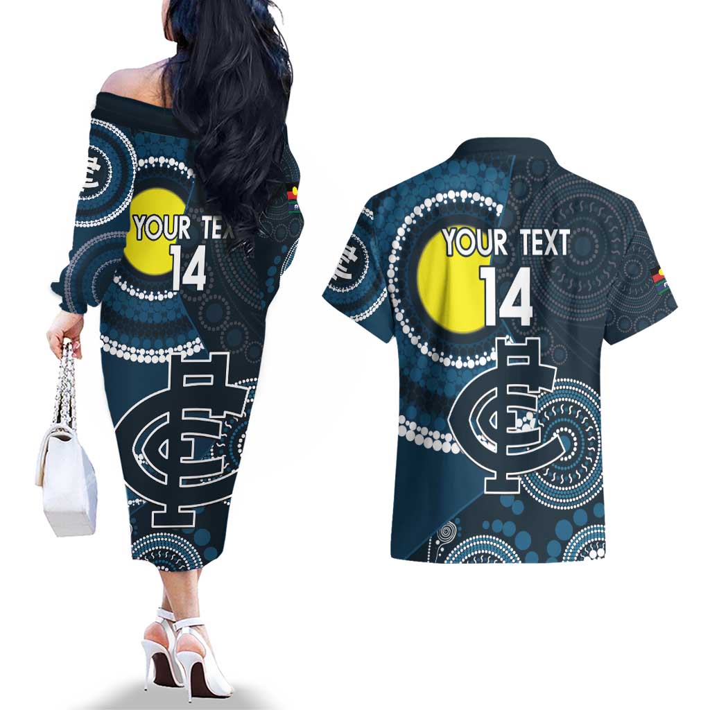 Custom AFL Carlton NAIDOC Week Couples Matching Off The Shoulder Long Sleeve Dress and Hawaiian Shirt Keep The Fire Burning Indigenous Art
