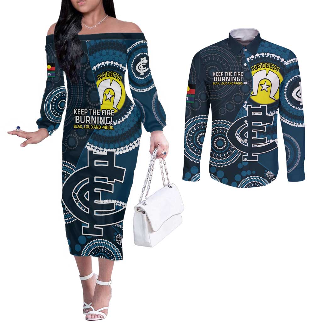 Custom AFL Carlton NAIDOC Week Couples Matching Off The Shoulder Long Sleeve Dress and Long Sleeve Button Shirt Keep The Fire Burning Indigenous Art