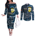 Custom AFL Carlton NAIDOC Week Couples Matching Off The Shoulder Long Sleeve Dress and Long Sleeve Button Shirt Keep The Fire Burning Indigenous Art