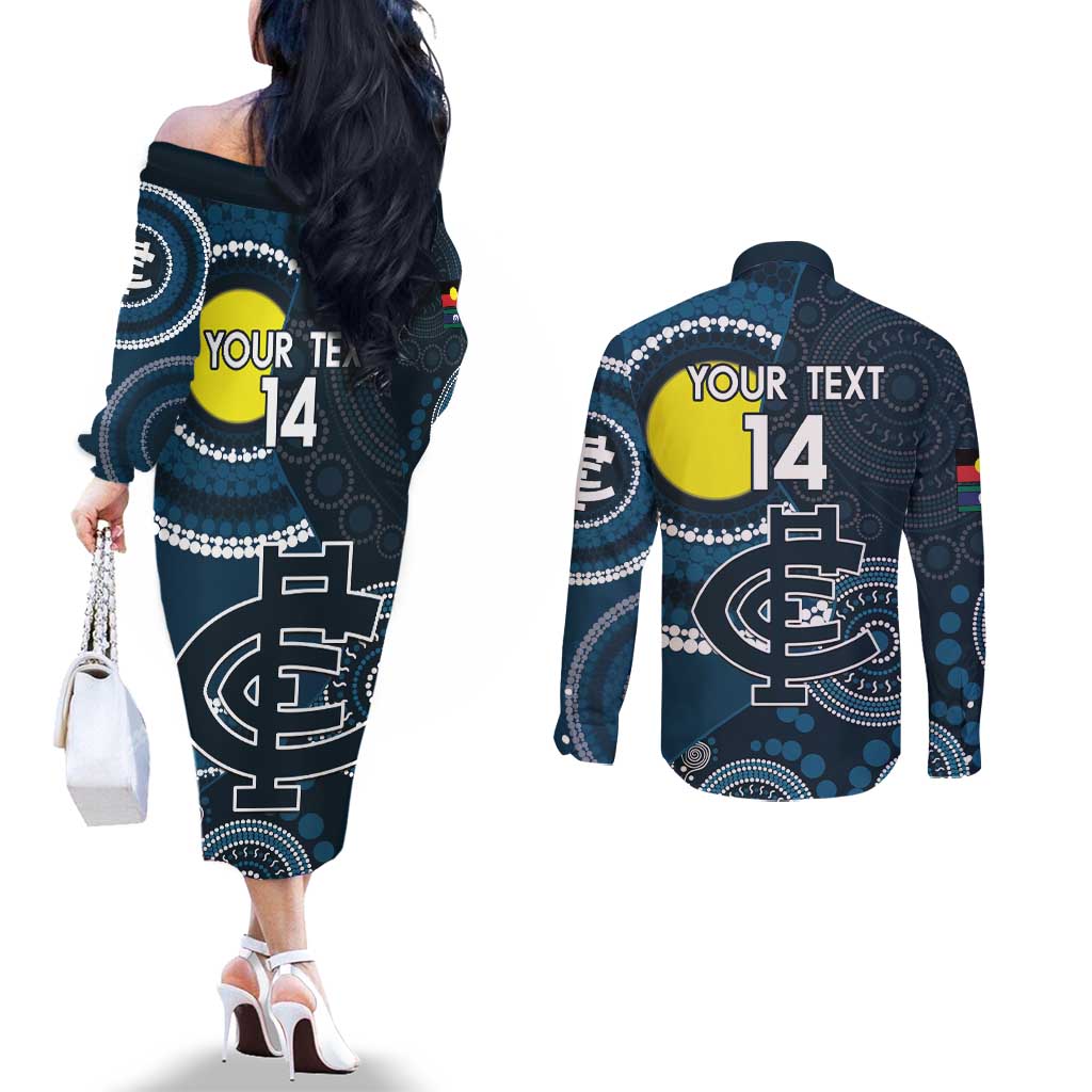 Custom AFL Carlton NAIDOC Week Couples Matching Off The Shoulder Long Sleeve Dress and Long Sleeve Button Shirt Keep The Fire Burning Indigenous Art