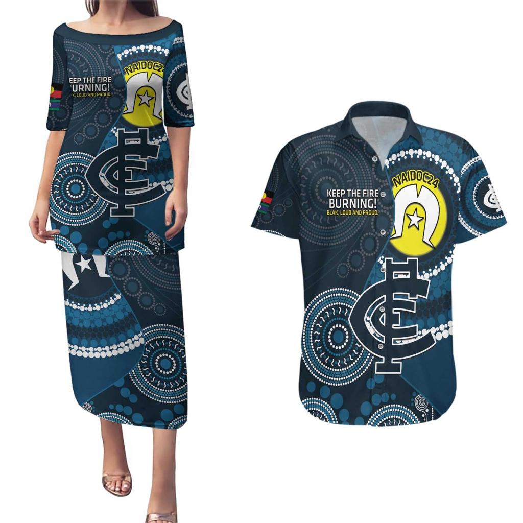 Custom AFL Carlton NAIDOC Week Couples Matching Puletasi and Hawaiian Shirt Keep The Fire Burning Indigenous Art