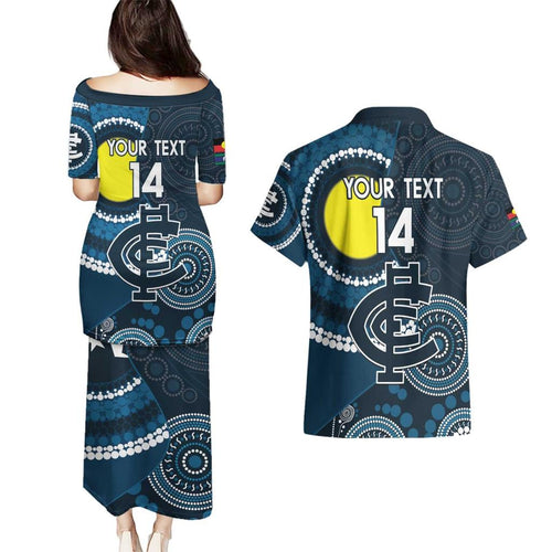 Custom AFL Carlton NAIDOC Week Couples Matching Puletasi and Hawaiian Shirt Keep The Fire Burning Indigenous Art