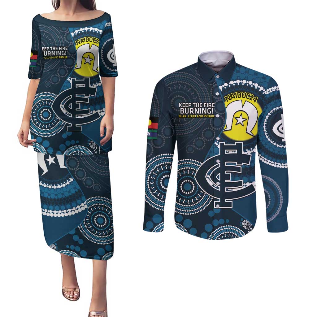 Custom AFL Carlton NAIDOC Week Couples Matching Puletasi and Long Sleeve Button Shirt Keep The Fire Burning Indigenous Art
