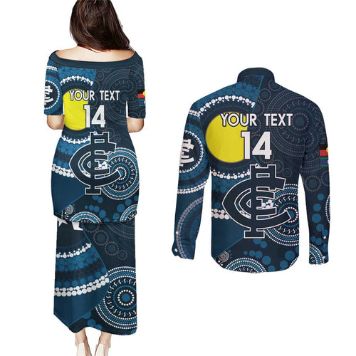 Custom AFL Carlton NAIDOC Week Couples Matching Puletasi and Long Sleeve Button Shirt Keep The Fire Burning Indigenous Art