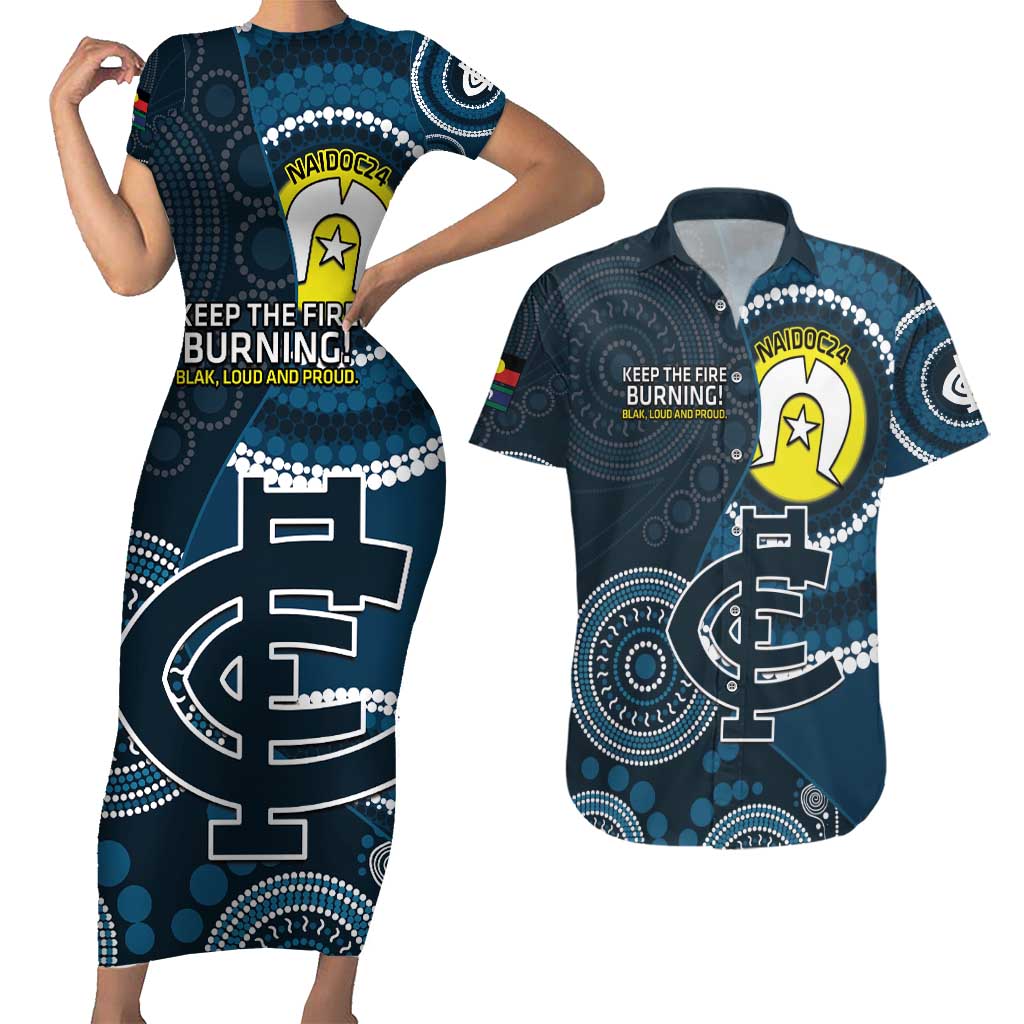 Custom AFL Carlton NAIDOC Week Couples Matching Short Sleeve Bodycon Dress and Hawaiian Shirt Keep The Fire Burning Indigenous Art