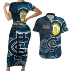 Custom AFL Carlton NAIDOC Week Couples Matching Short Sleeve Bodycon Dress and Hawaiian Shirt Keep The Fire Burning Indigenous Art