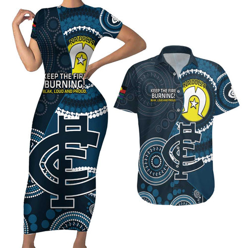 Custom AFL Carlton NAIDOC Week Couples Matching Short Sleeve Bodycon Dress and Hawaiian Shirt Keep The Fire Burning Indigenous Art