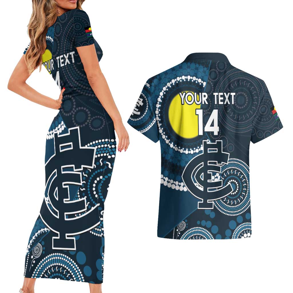 Custom AFL Carlton NAIDOC Week Couples Matching Short Sleeve Bodycon Dress and Hawaiian Shirt Keep The Fire Burning Indigenous Art