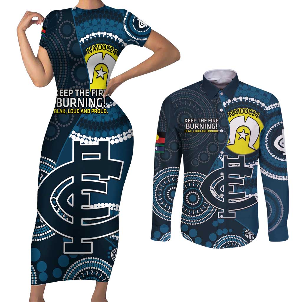 Custom AFL Carlton NAIDOC Week Couples Matching Short Sleeve Bodycon Dress and Long Sleeve Button Shirt Keep The Fire Burning Indigenous Art