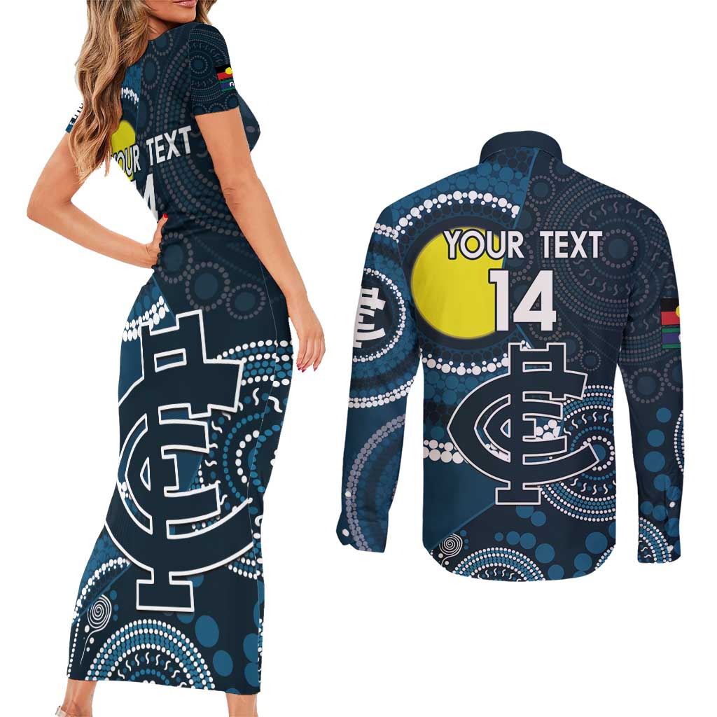 Custom AFL Carlton NAIDOC Week Couples Matching Short Sleeve Bodycon Dress and Long Sleeve Button Shirt Keep The Fire Burning Indigenous Art