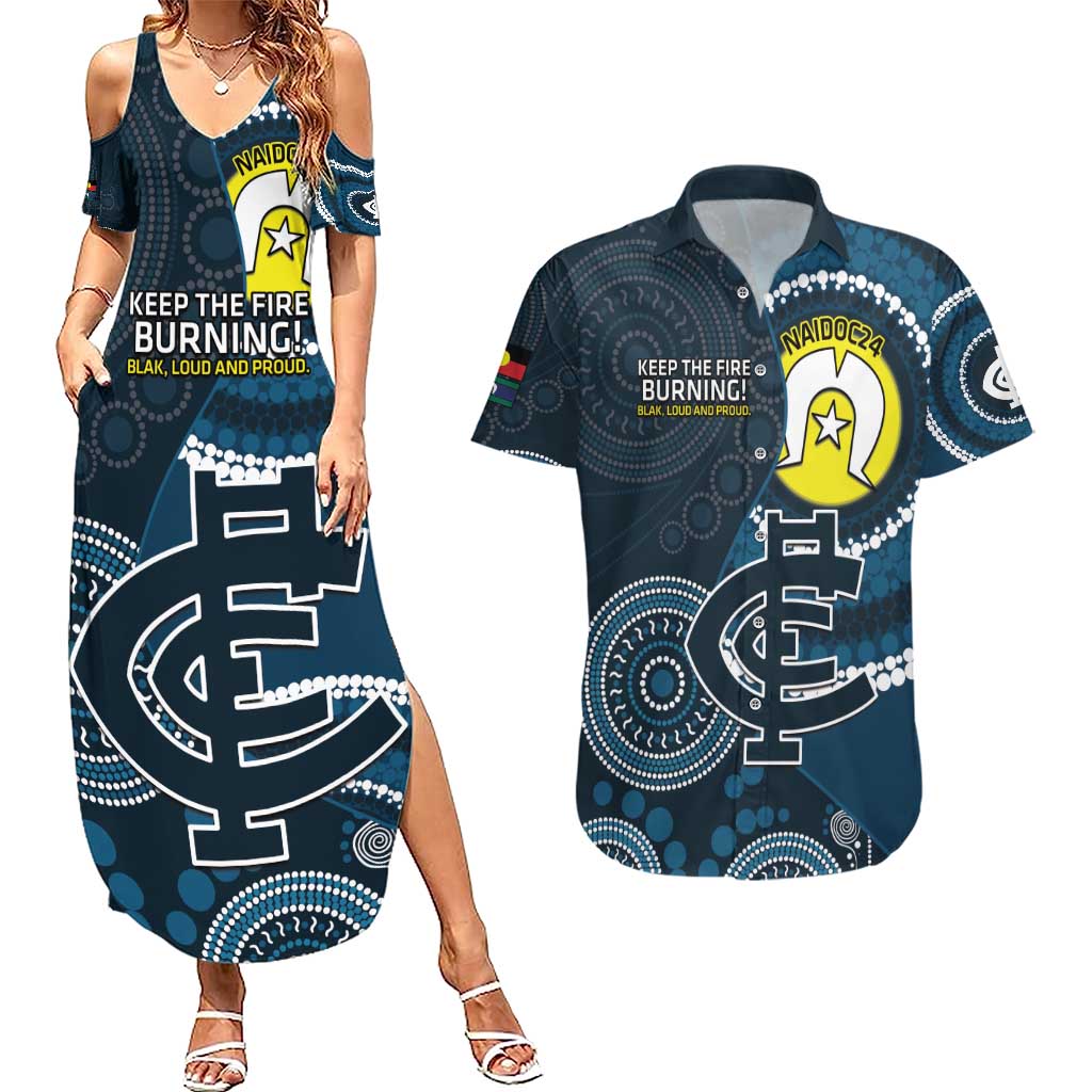 Custom AFL Carlton NAIDOC Week Couples Matching Summer Maxi Dress and Hawaiian Shirt Keep The Fire Burning Indigenous Art