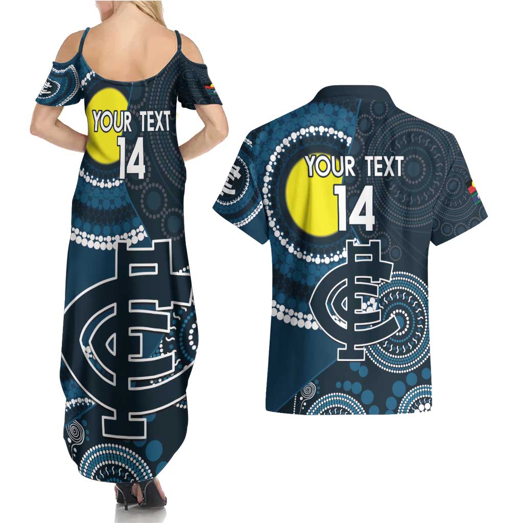 Custom AFL Carlton NAIDOC Week Couples Matching Summer Maxi Dress and Hawaiian Shirt Keep The Fire Burning Indigenous Art
