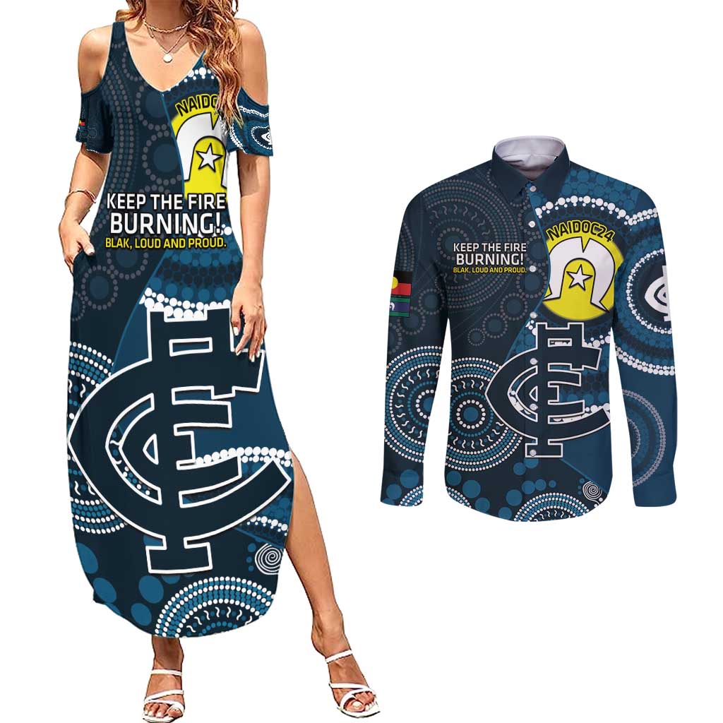 Custom AFL Carlton NAIDOC Week Couples Matching Summer Maxi Dress and Long Sleeve Button Shirt Keep The Fire Burning Indigenous Art