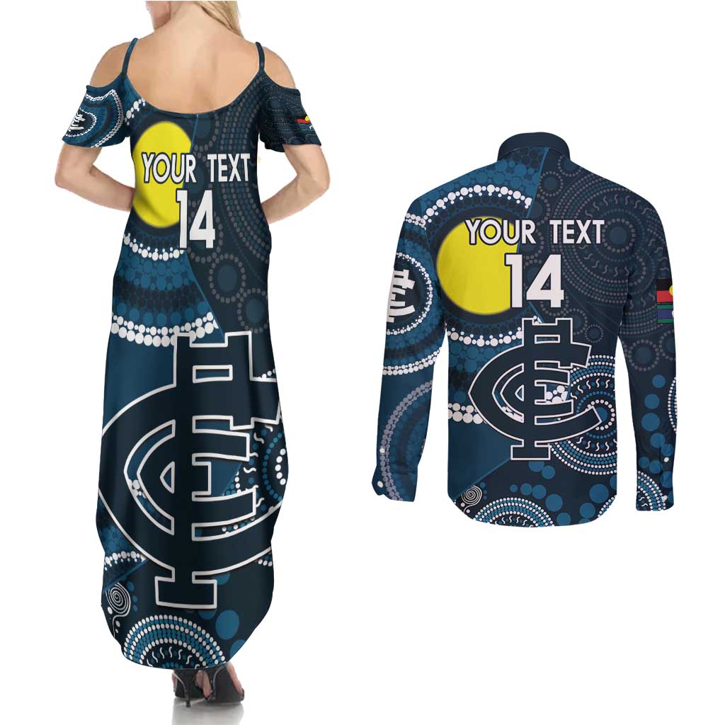 Custom AFL Carlton NAIDOC Week Couples Matching Summer Maxi Dress and Long Sleeve Button Shirt Keep The Fire Burning Indigenous Art