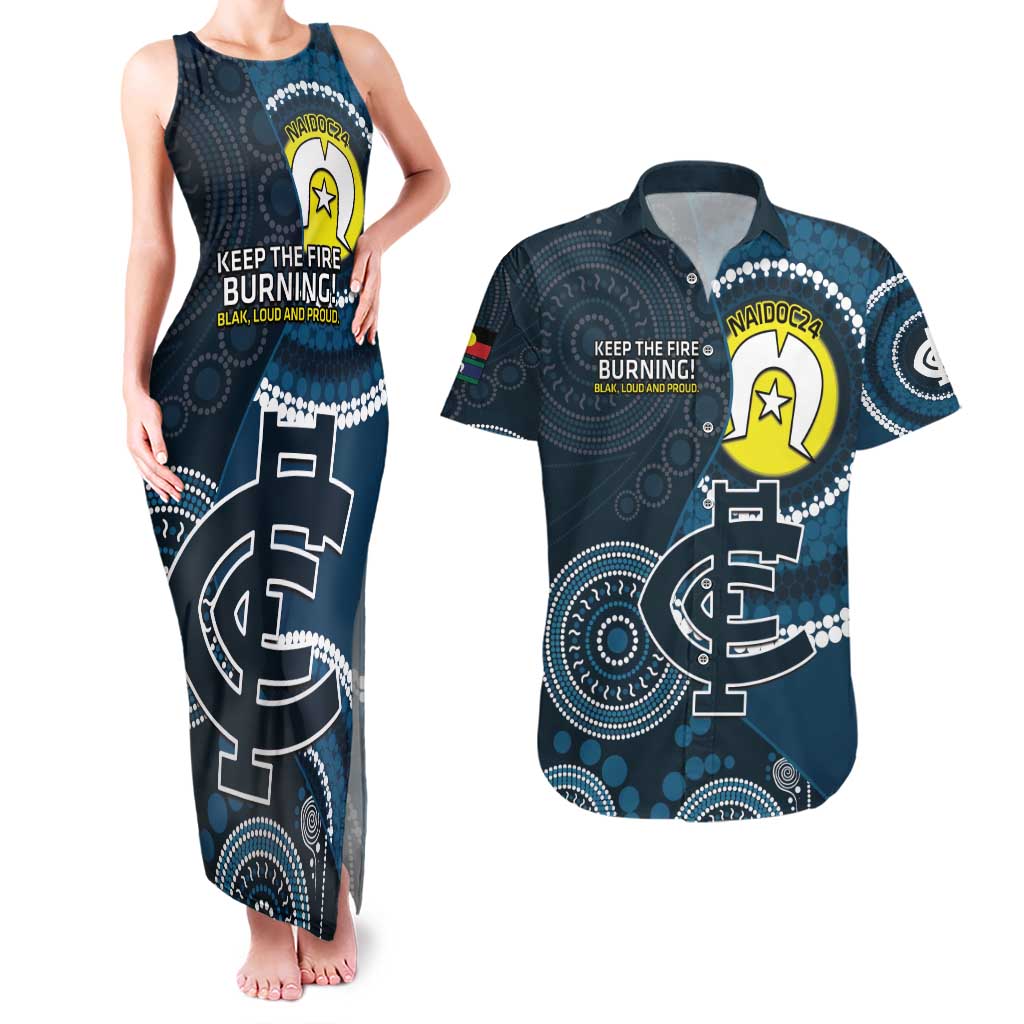 Custom AFL Carlton NAIDOC Week Couples Matching Tank Maxi Dress and Hawaiian Shirt Keep The Fire Burning Indigenous Art