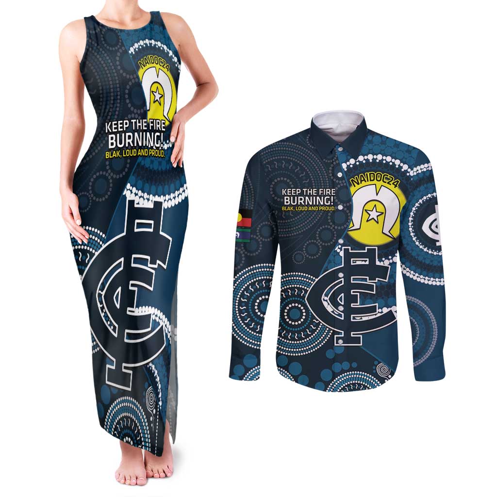 Custom AFL Carlton NAIDOC Week Couples Matching Tank Maxi Dress and Long Sleeve Button Shirt Keep The Fire Burning Indigenous Art