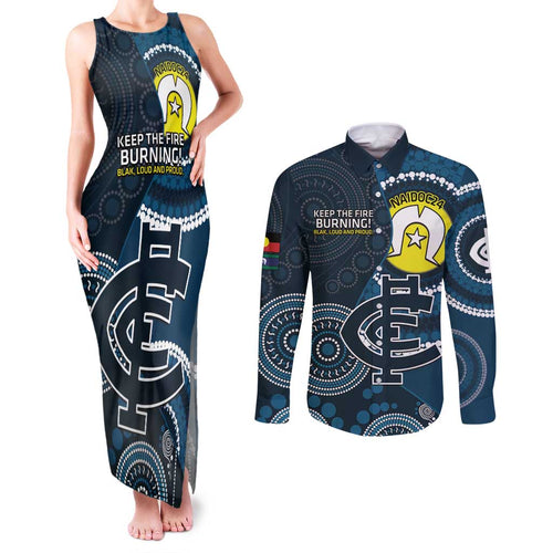 Custom AFL Carlton NAIDOC Week Couples Matching Tank Maxi Dress and Long Sleeve Button Shirt Keep The Fire Burning Indigenous Art