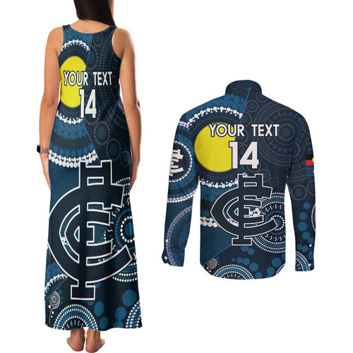 Custom AFL Carlton NAIDOC Week Couples Matching Tank Maxi Dress and Long Sleeve Button Shirt Keep The Fire Burning Indigenous Art