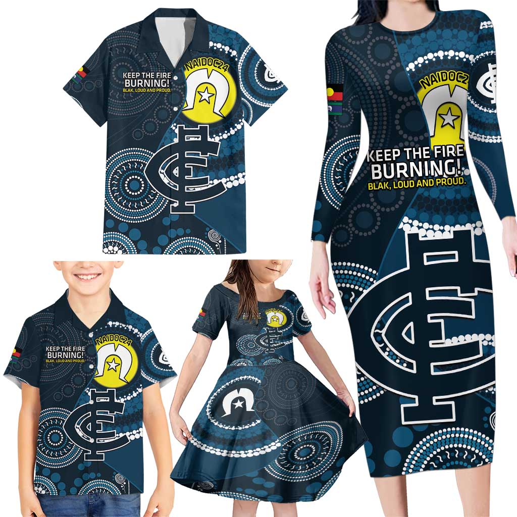 Custom AFL Carlton NAIDOC Week Family Matching Long Sleeve Bodycon Dress and Hawaiian Shirt Keep The Fire Burning Indigenous Art
