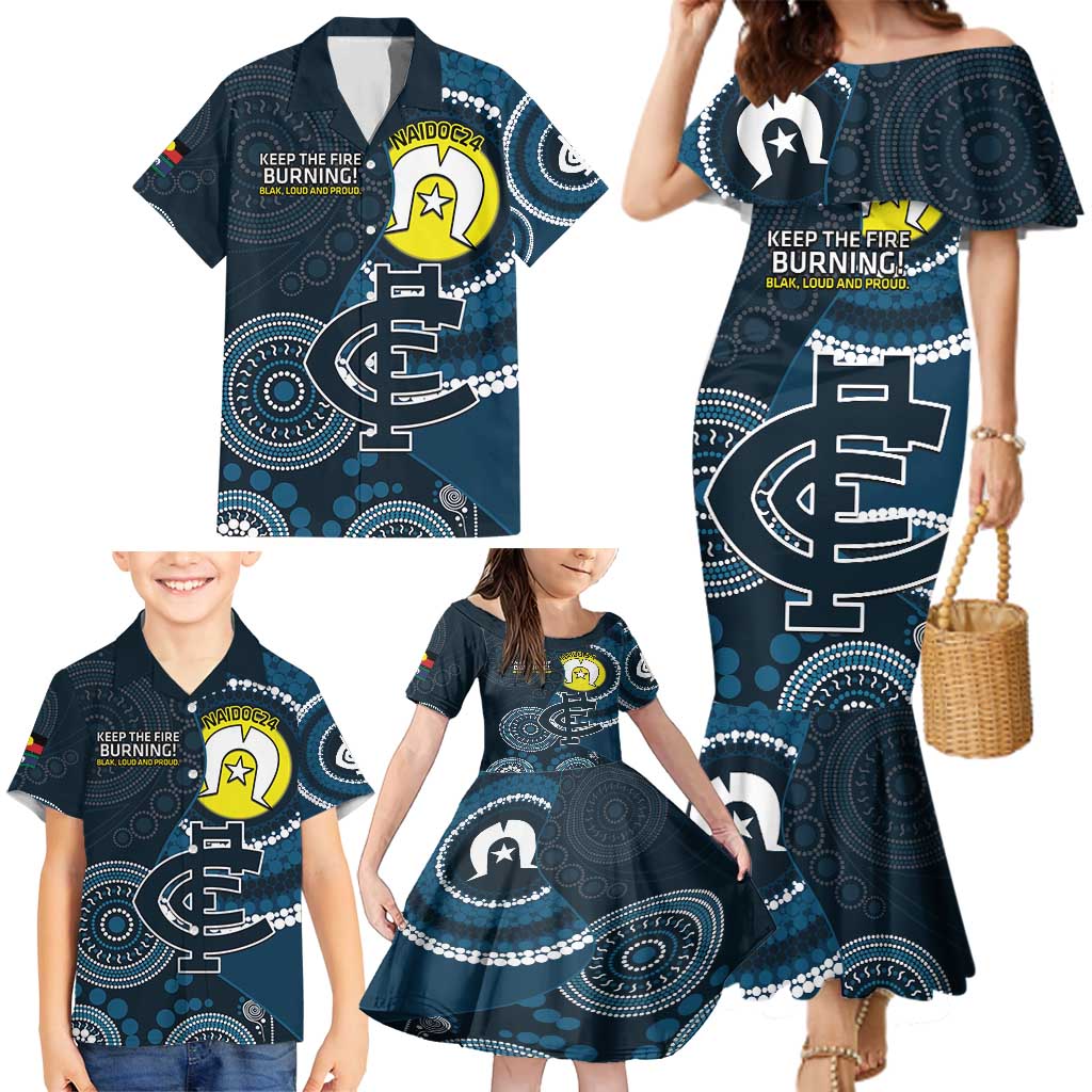 Custom AFL Carlton NAIDOC Week Family Matching Mermaid Dress and Hawaiian Shirt Keep The Fire Burning Indigenous Art
