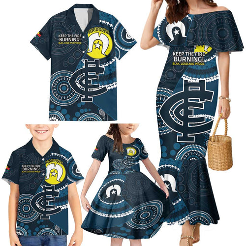 Custom AFL Carlton NAIDOC Week Family Matching Mermaid Dress and Hawaiian Shirt Keep The Fire Burning Indigenous Art