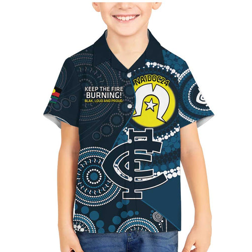 Custom AFL Carlton NAIDOC Week Family Matching Mermaid Dress and Hawaiian Shirt Keep The Fire Burning Indigenous Art