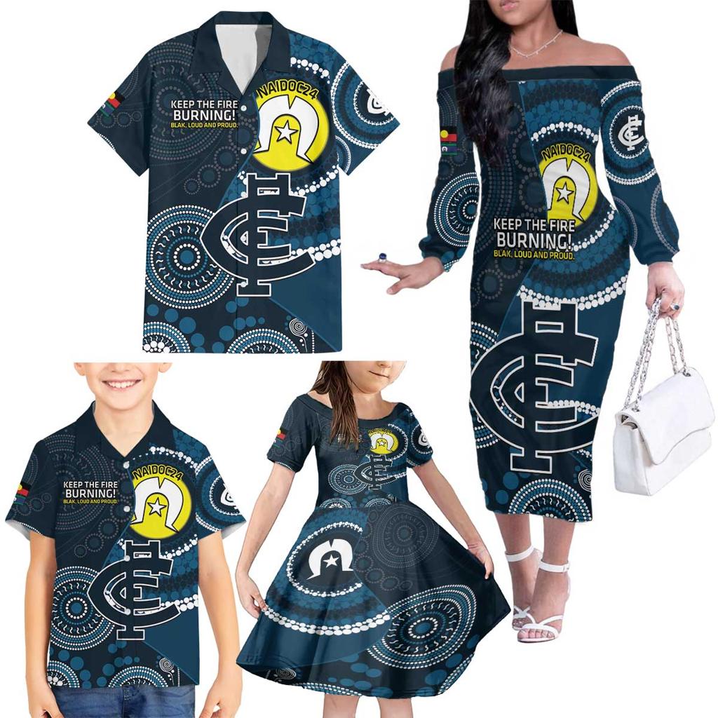 Custom AFL Carlton NAIDOC Week Family Matching Off The Shoulder Long Sleeve Dress and Hawaiian Shirt Keep The Fire Burning Indigenous Art
