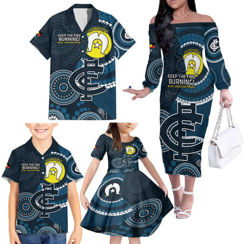 Custom AFL Carlton NAIDOC Week Family Matching Off The Shoulder Long Sleeve Dress and Hawaiian Shirt Keep The Fire Burning Indigenous Art