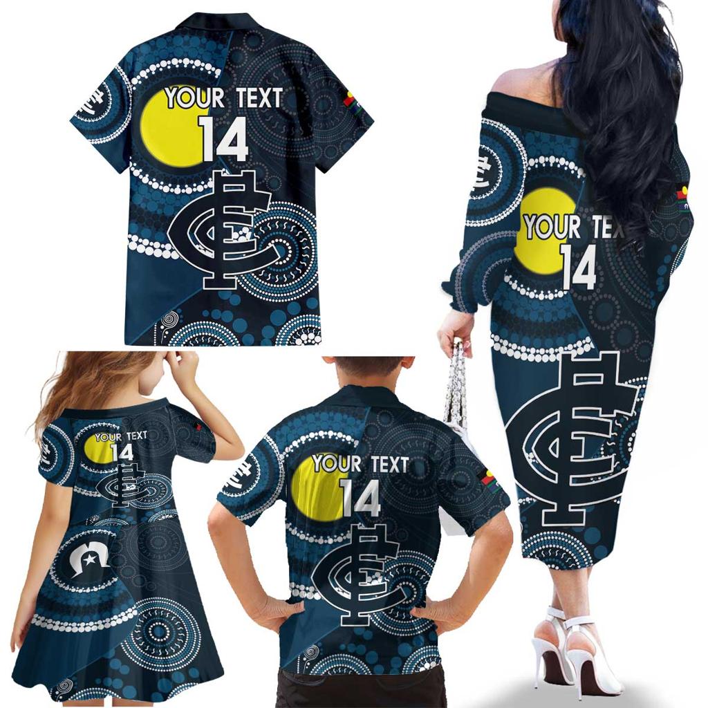 Custom AFL Carlton NAIDOC Week Family Matching Off The Shoulder Long Sleeve Dress and Hawaiian Shirt Keep The Fire Burning Indigenous Art