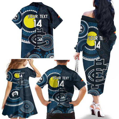 Custom AFL Carlton NAIDOC Week Family Matching Off The Shoulder Long Sleeve Dress and Hawaiian Shirt Keep The Fire Burning Indigenous Art