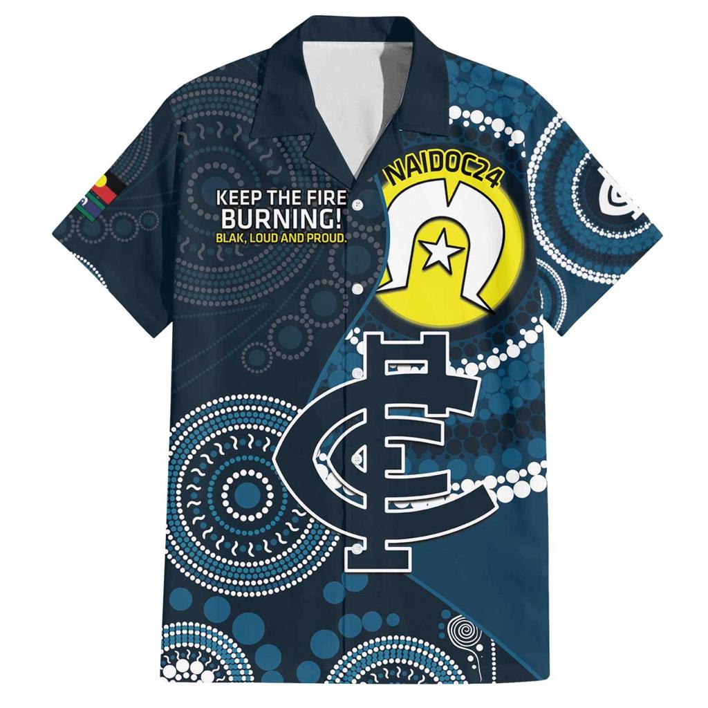 Custom AFL Carlton NAIDOC Week Family Matching Off The Shoulder Long Sleeve Dress and Hawaiian Shirt Keep The Fire Burning Indigenous Art