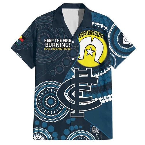 Custom AFL Carlton NAIDOC Week Family Matching Off The Shoulder Long Sleeve Dress and Hawaiian Shirt Keep The Fire Burning Indigenous Art