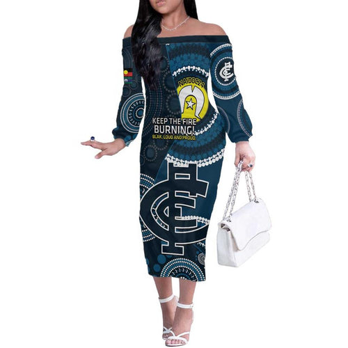 Custom AFL Carlton NAIDOC Week Family Matching Off The Shoulder Long Sleeve Dress and Hawaiian Shirt Keep The Fire Burning Indigenous Art