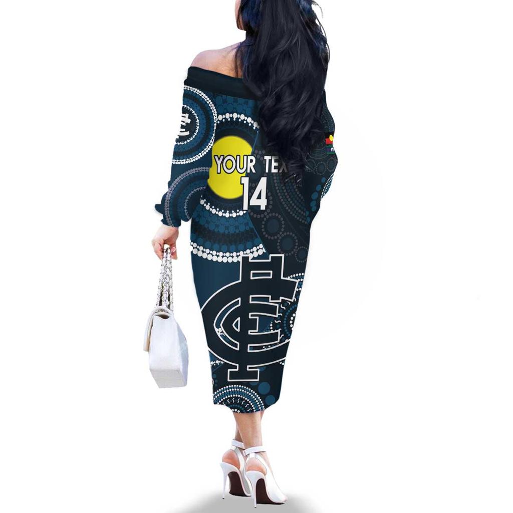 Custom AFL Carlton NAIDOC Week Family Matching Off The Shoulder Long Sleeve Dress and Hawaiian Shirt Keep The Fire Burning Indigenous Art