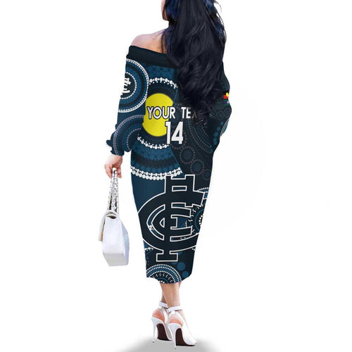 Custom AFL Carlton NAIDOC Week Family Matching Off The Shoulder Long Sleeve Dress and Hawaiian Shirt Keep The Fire Burning Indigenous Art