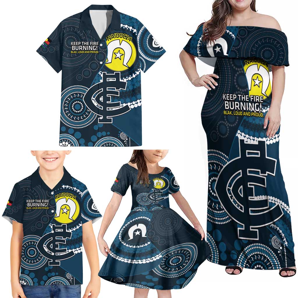 Custom AFL Carlton NAIDOC Week Family Matching Off Shoulder Maxi Dress and Hawaiian Shirt Keep The Fire Burning Indigenous Art