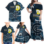 Custom AFL Carlton NAIDOC Week Family Matching Off Shoulder Maxi Dress and Hawaiian Shirt Keep The Fire Burning Indigenous Art