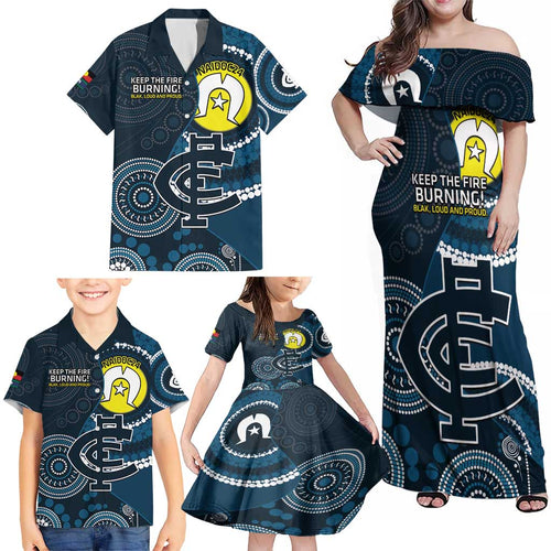 Custom AFL Carlton NAIDOC Week Family Matching Off Shoulder Maxi Dress and Hawaiian Shirt Keep The Fire Burning Indigenous Art