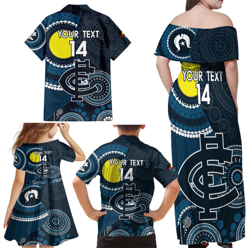 Custom AFL Carlton NAIDOC Week Family Matching Off Shoulder Maxi Dress and Hawaiian Shirt Keep The Fire Burning Indigenous Art