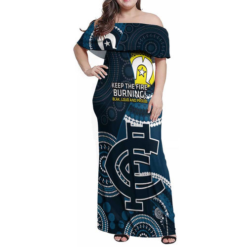Custom AFL Carlton NAIDOC Week Family Matching Off Shoulder Maxi Dress and Hawaiian Shirt Keep The Fire Burning Indigenous Art