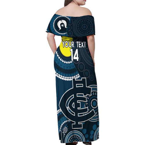 Custom AFL Carlton NAIDOC Week Family Matching Off Shoulder Maxi Dress and Hawaiian Shirt Keep The Fire Burning Indigenous Art