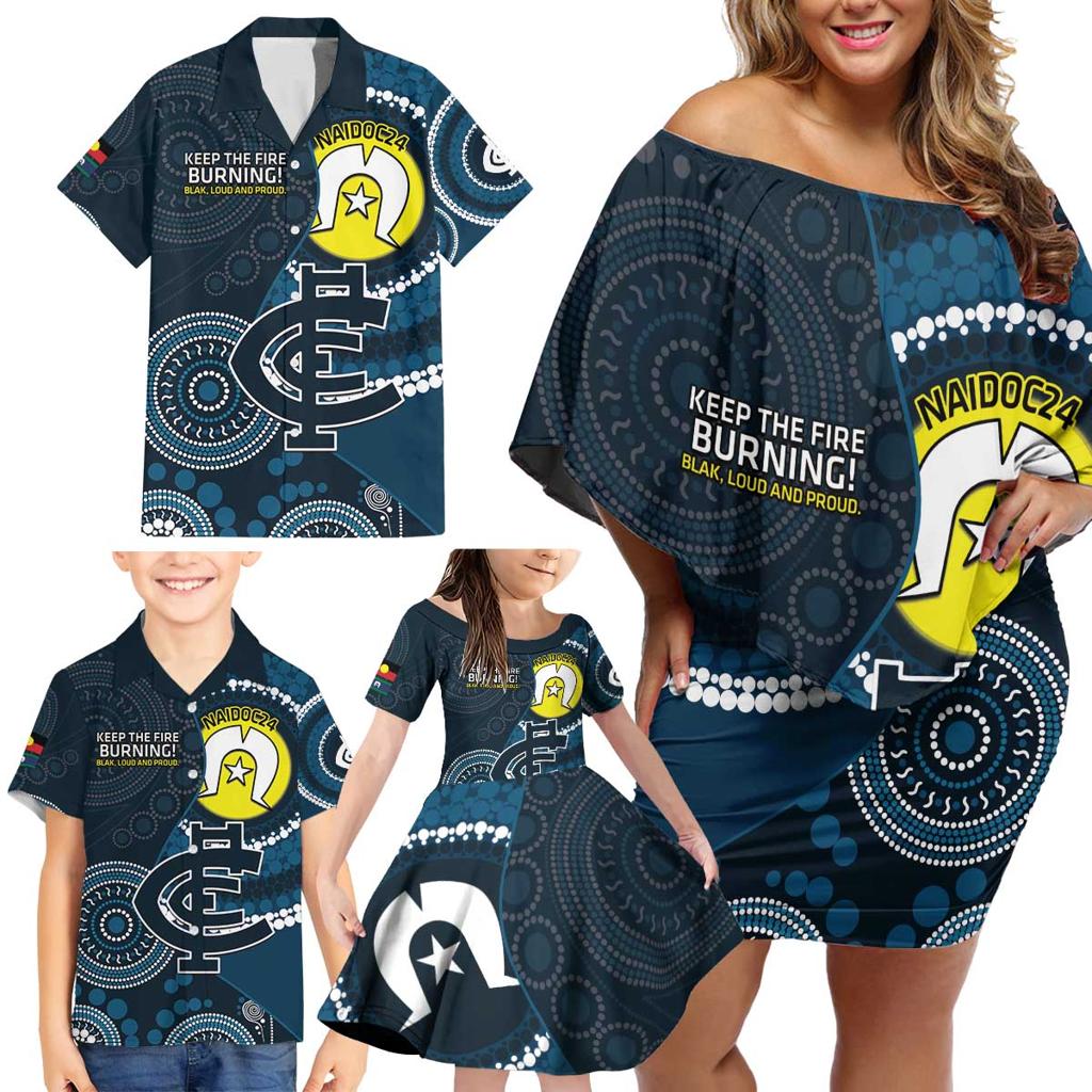 Custom AFL Carlton NAIDOC Week Family Matching Off Shoulder Short Dress and Hawaiian Shirt Keep The Fire Burning Indigenous Art